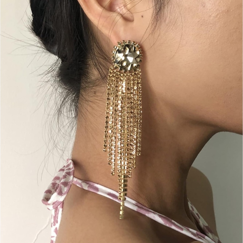 Xerling Shiny Rhinestones Fringe Tassel Earrings Gold